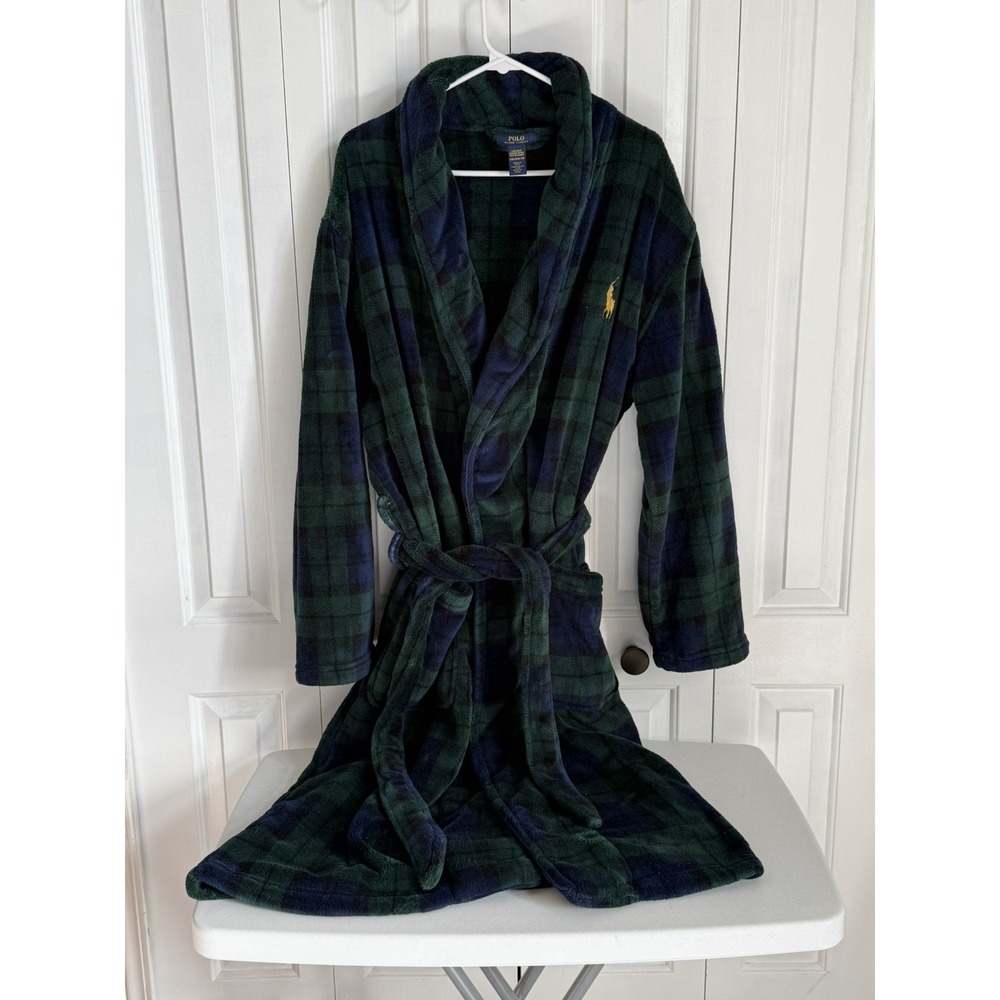 Polo Ralph Lauren Mens Small Tartan Plaid Plush Bath Robe Navy Green Yellow Pony
